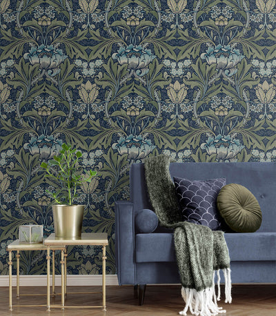 product image for Acanthus Floral Prepasted Wallpaper in Denim & Sage 74