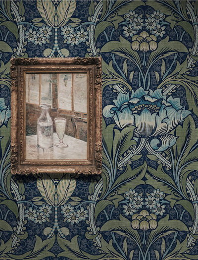 product image for Acanthus Floral Prepasted Wallpaper in Denim & Sage 59
