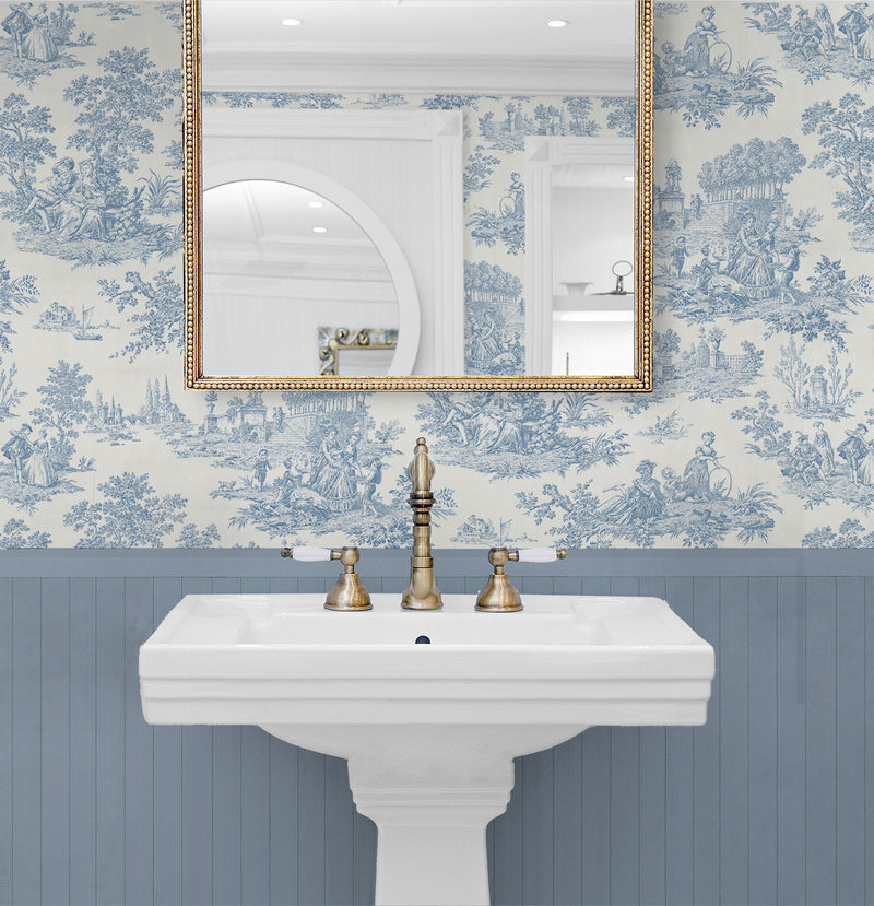 media image for Chateau Toile Prepasted Wallpaper Blue Bell by Seabrook 254