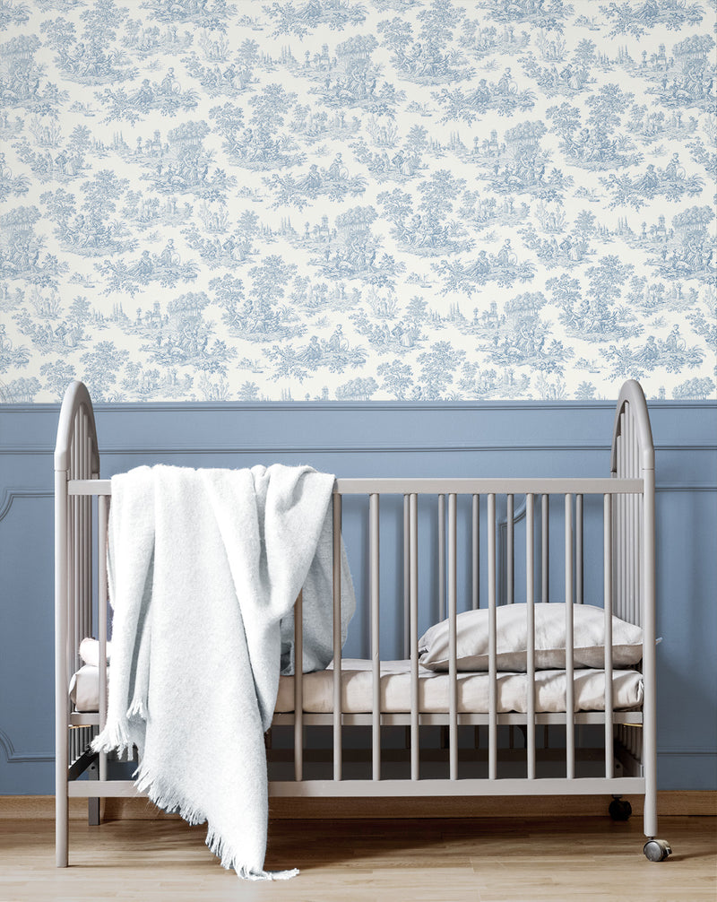media image for Chateau Toile Prepasted Wallpaper Blue Bell by Seabrook 288