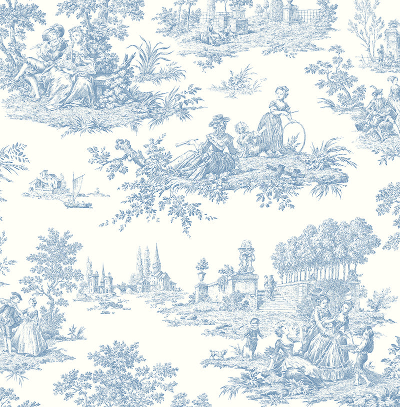 media image for Chateau Toile Prepasted Wallpaper Blue Bell by Seabrook 225