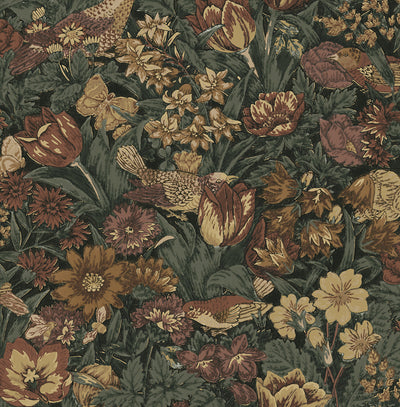 product image of Bird Floral Prepasted Wallpaper in Mahogany/Graphite by Seabrook 570