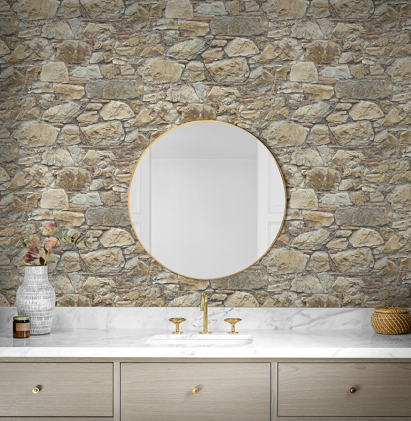 media image for Faux Stone Wall Prepasted Wallpaper in Toffee & Ivory 291