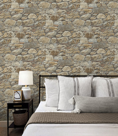 product image for Faux Stone Wall Prepasted Wallpaper in Toffee & Ivory 11