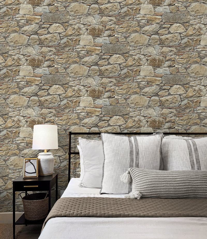 media image for Faux Stone Wall Prepasted Wallpaper in Toffee & Ivory 271