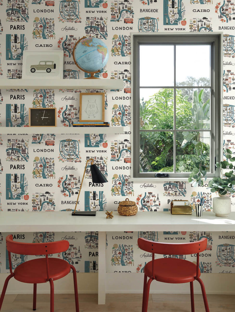 media image for City Maps Peel & Stick Wallpaper in Blue/Red by York Wallcoverings 278