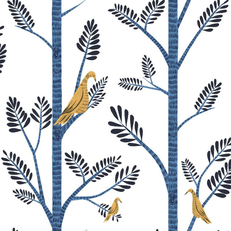 media image for Aviary Branch Peel & Stick Wallpaper in Blue and Yellow from the Risky Business III Collection by York Wallcoverings 226