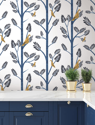product image for Aviary Branch Peel & Stick Wallpaper in Blue and Yellow from the Risky Business III Collection by York Wallcoverings 24