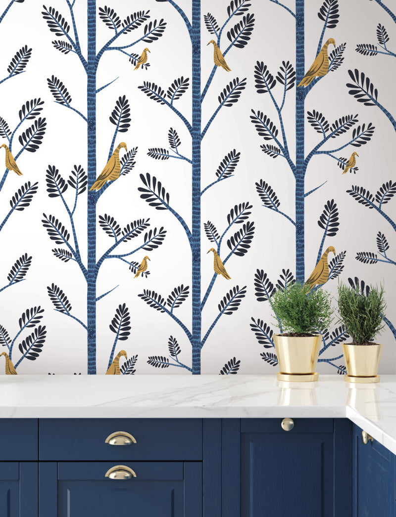 media image for Aviary Branch Peel & Stick Wallpaper in Blue and Yellow from the Risky Business III Collection by York Wallcoverings 272