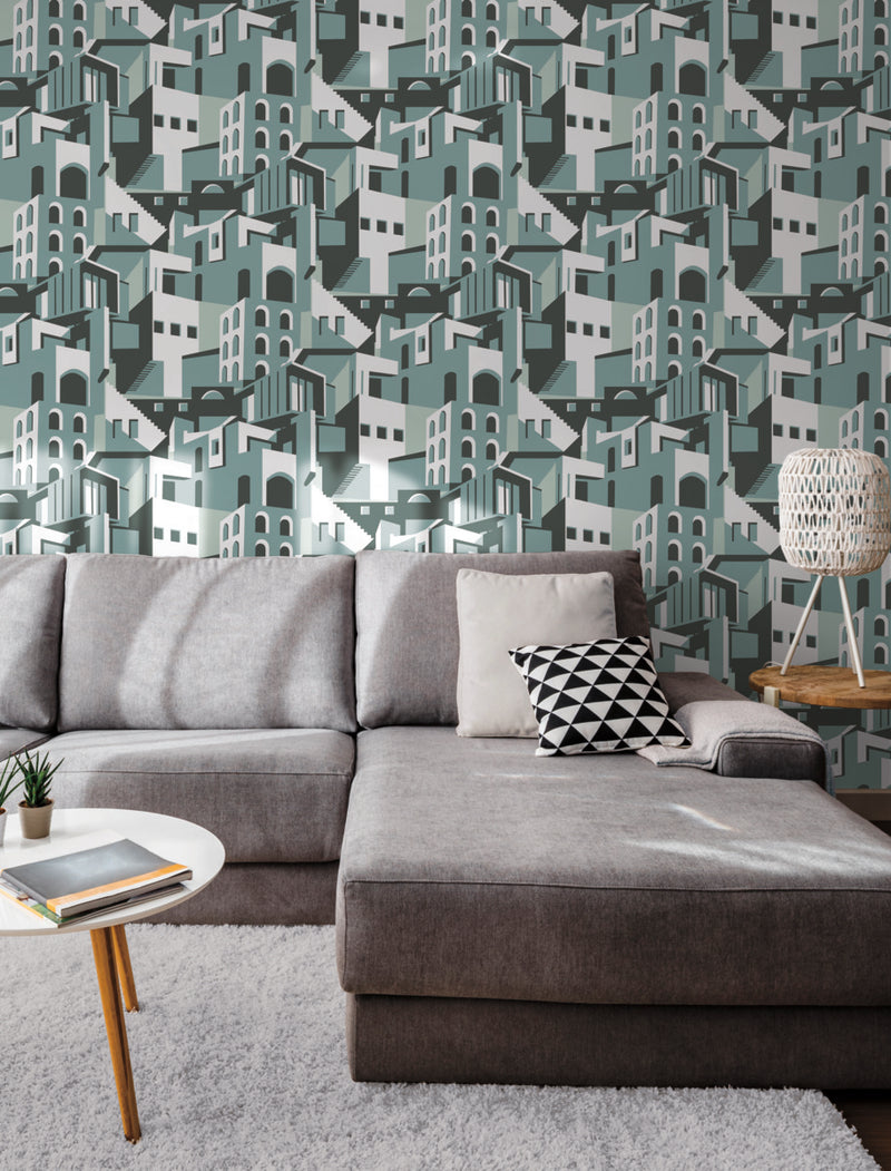 media image for Arch Architectural Peel & Stick Wallpaper in Blue Grey from the Risky Business III Collection by York Wallcoverings 26