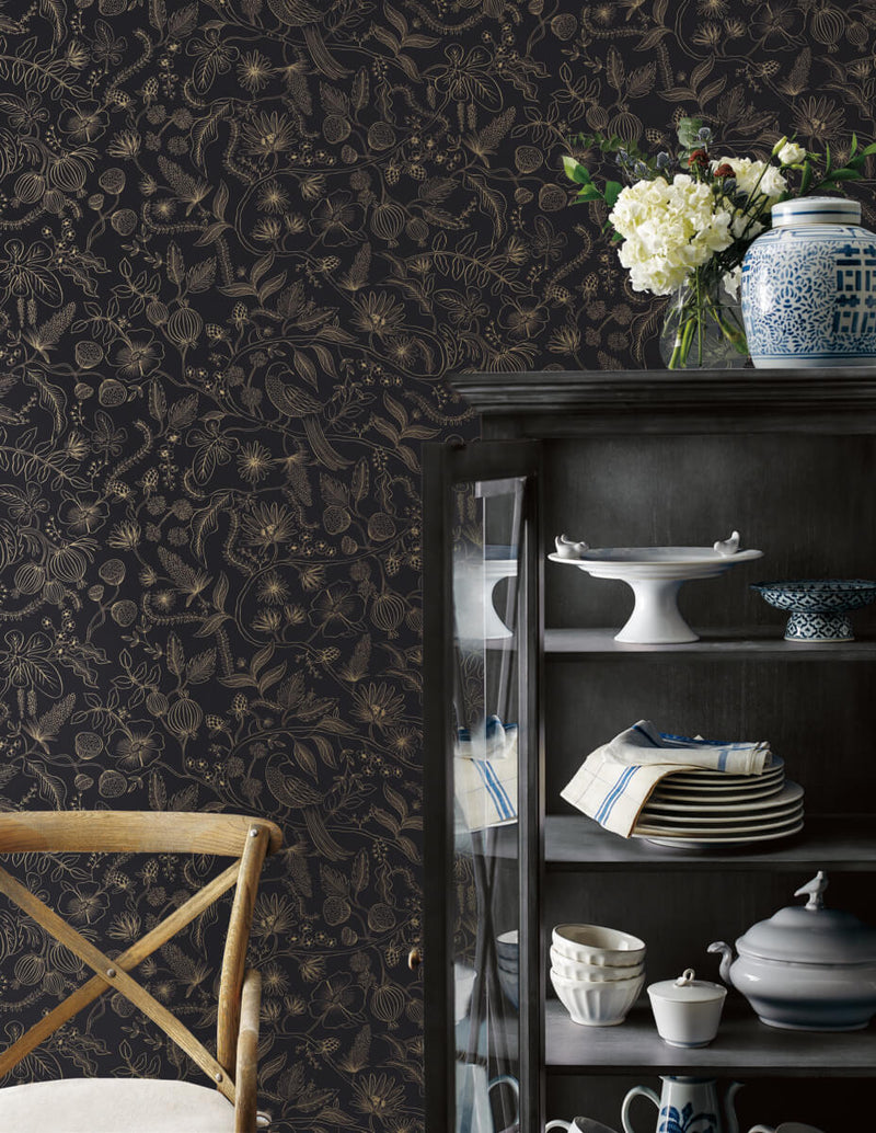 media image for Aviary Peel & Stick Wallpaper in Black/Gold by York Wallcoverings 210