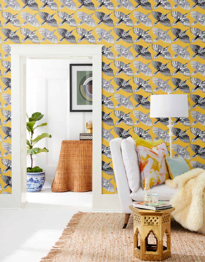 media image for Feather Flight Yellow Peel & Stick Wallpaper by York Wallcoverings 240