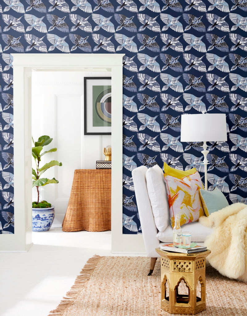 media image for Feather Flight Blue Peel & Stick Wallpaper by York Wallcoverings 268