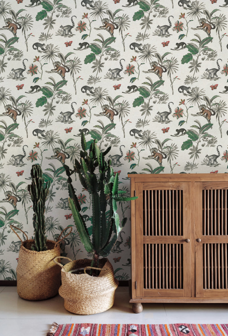 media image for Botanicals and Lemurs White/Green Peel & Stick Wallpaper by York Wallcoverings 226
