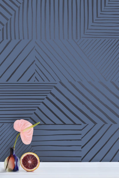 product image for Parquet Wallpaper in Gunmetal on Navy design by Thatcher Studio 32