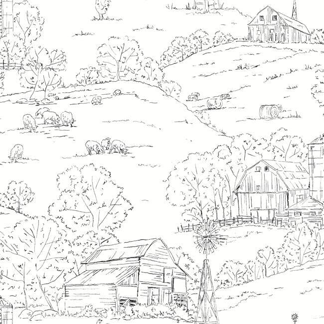 media image for Pasture Toile Wallpaper in Black and White from the Simply Farmhouse Collection by York Wallcoverings 216