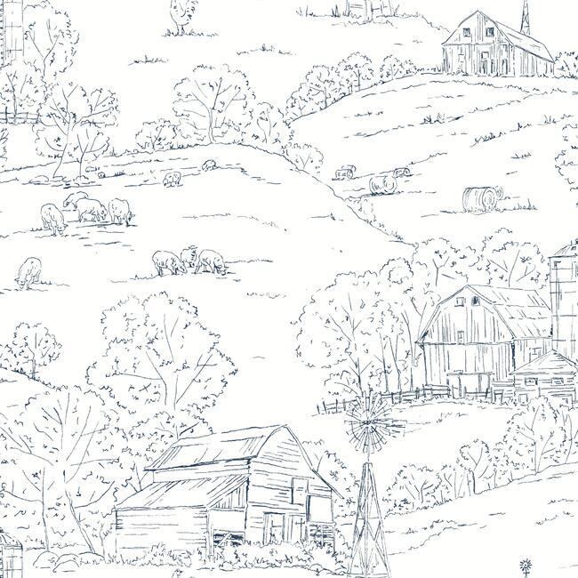 media image for Pasture Toile Wallpaper in Navy and White from the Simply Farmhouse Collection by York Wallcoverings 288