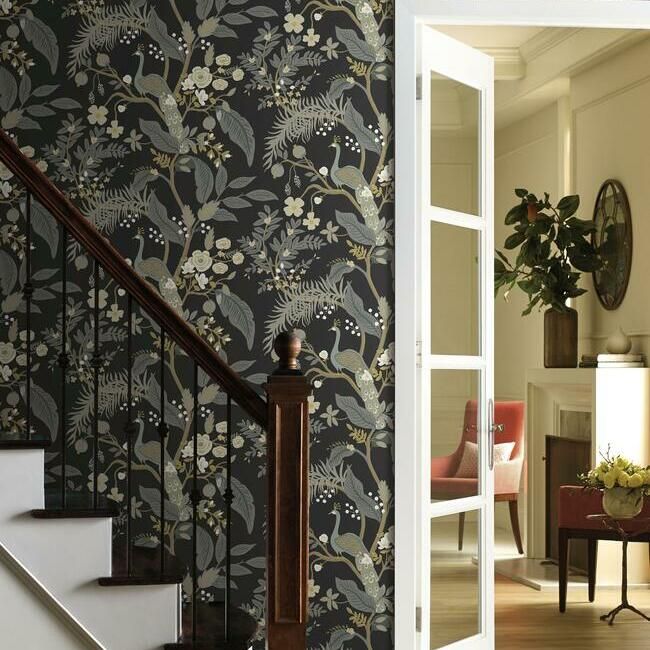 media image for Peacock Wallpaper in Black from the Rifle Paper Co. Collection by York Wallcoverings 241