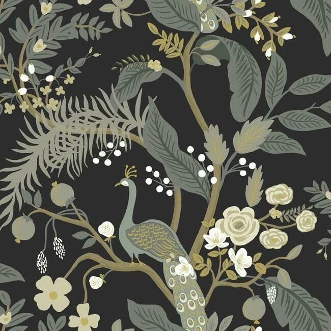 media image for Peacock Wallpaper in Black from the Rifle Paper Co. Collection by York Wallcoverings 246