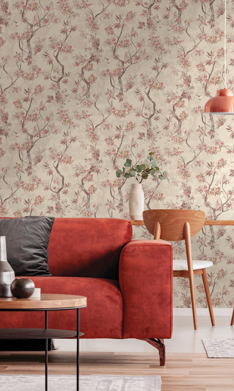 media image for Taupe & Red Wild Blossoming Tree Tropical Wallpaper by Walls Republic 222