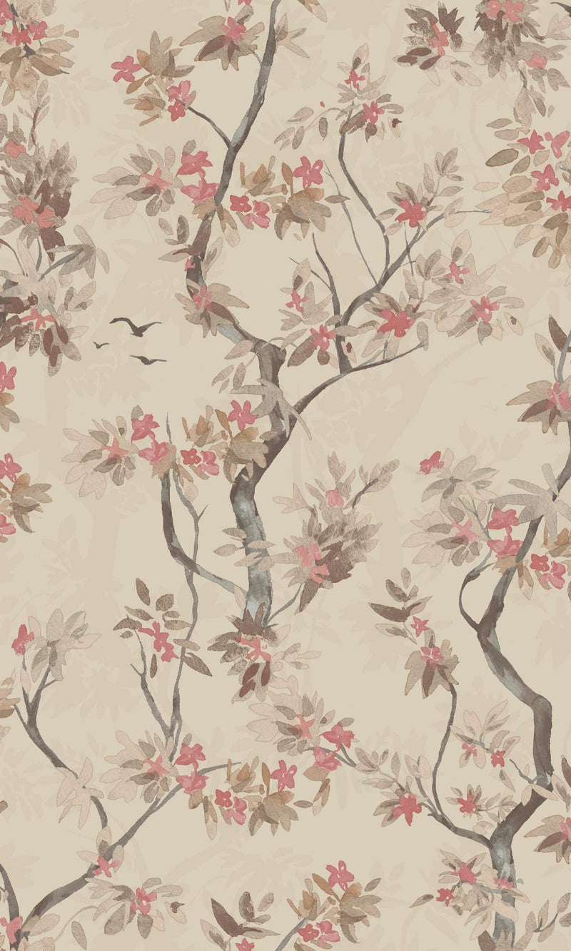 media image for Taupe & Red Wild Blossoming Tree Tropical Wallpaper by Walls Republic 278