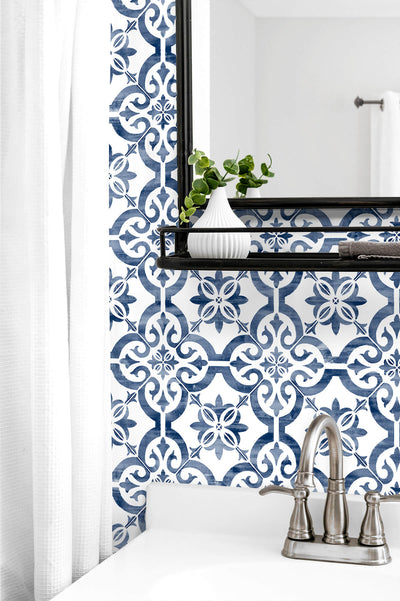 product image for Porto Tile Peel-and-Stick Wallpaper in Riviera Blue from the Luxe Haven Collection by Lillian August 27
