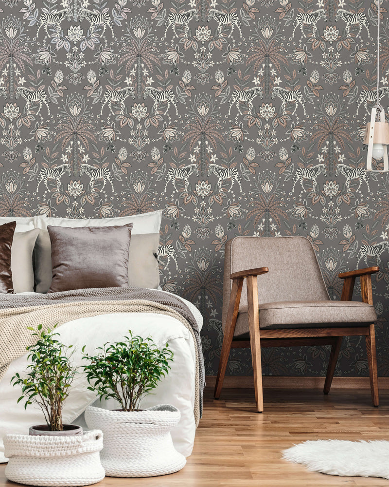 media image for Zebra Paisley Ornamental Charcoal and Rose Gold Wallpaper by Walls Republic 25