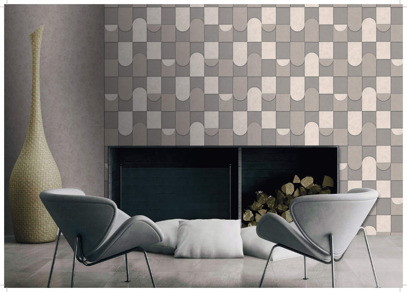 media image for Affinity 3D Patchwork Geometric Wallpaper in Grey/Beige 24