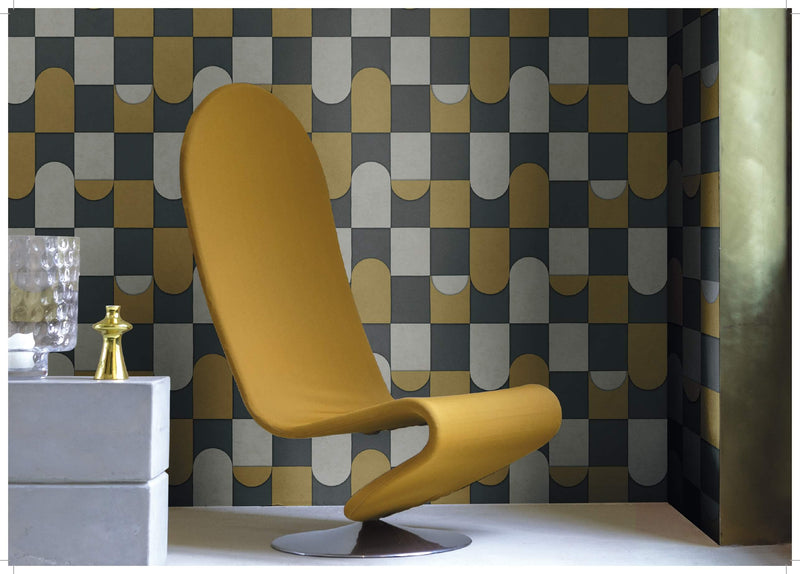 media image for Affinity 3D Patchwork Geometric Wallpaper in Anthracite/Ochre 22