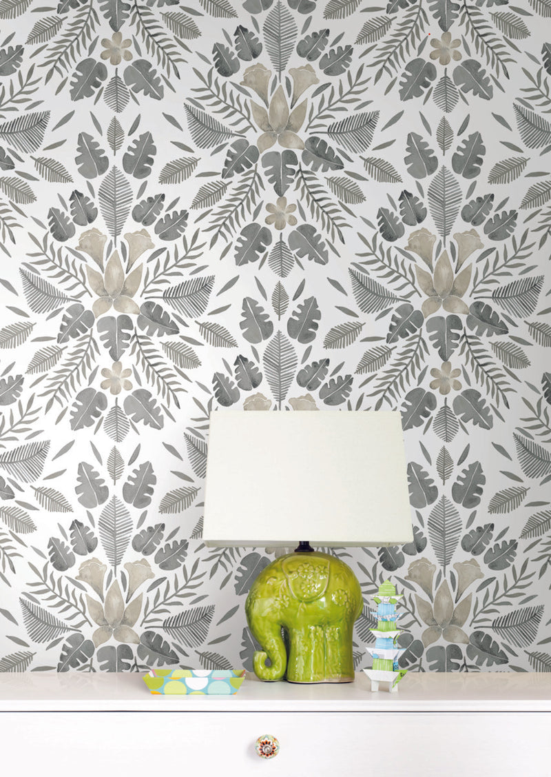 media image for Cat Coquillette Grey Tropical Peel & Stick Wallpaper by RoomMates for York Wallcoverings 264