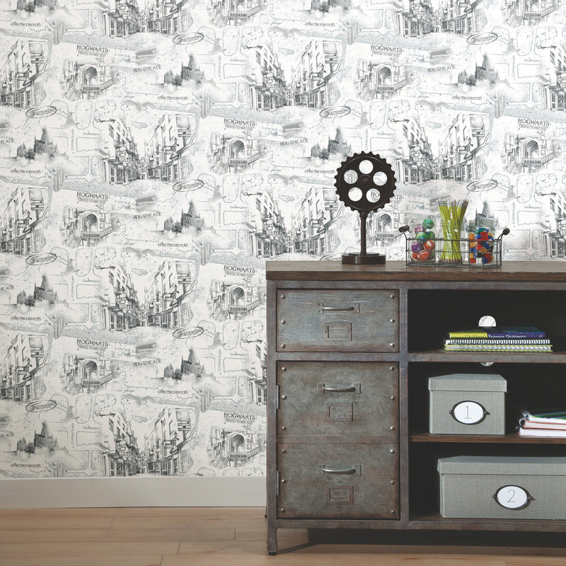media image for Harry Potter Map Peel & Stick Wallpaper in White by RoomMates 256