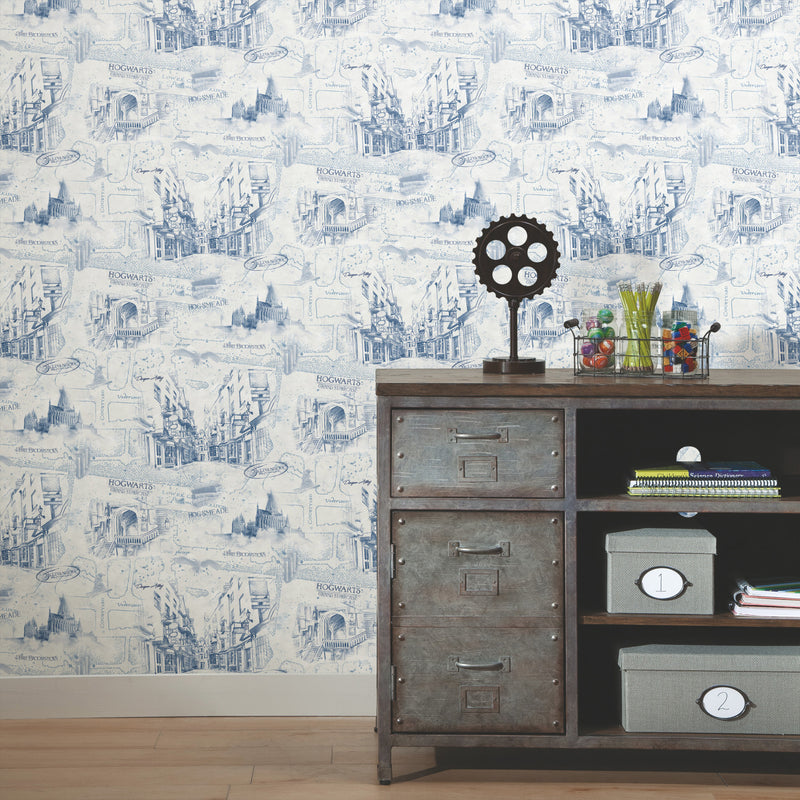 media image for Harry Potter Map Peel & Stick Wallpaper in Blue by RoomMates 24