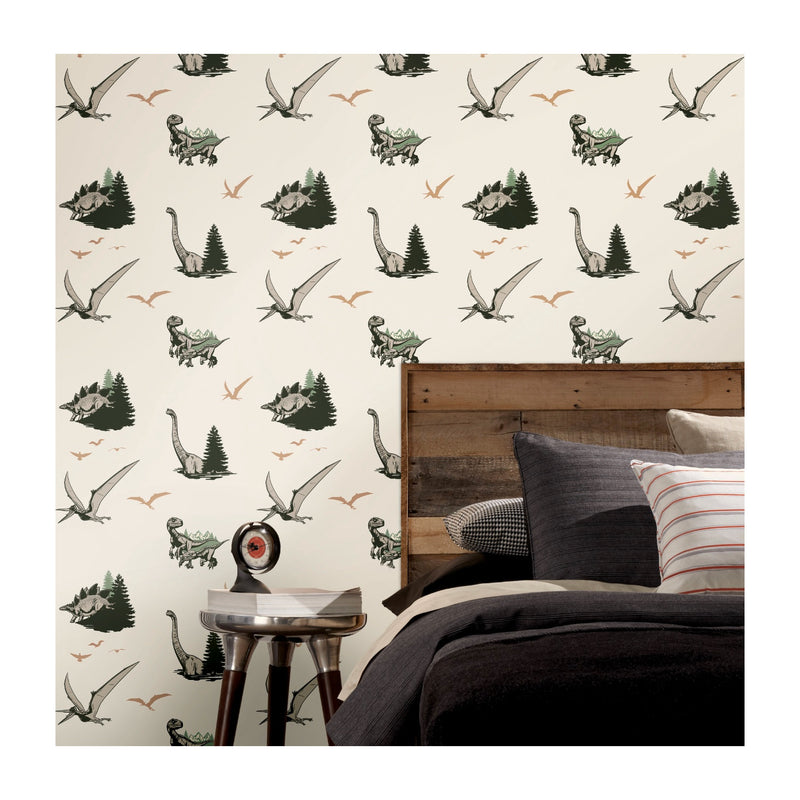 media image for JW Dominion Vintage Dinosaurs Peel & Stick Wallpaper in Green by RoomMates 260