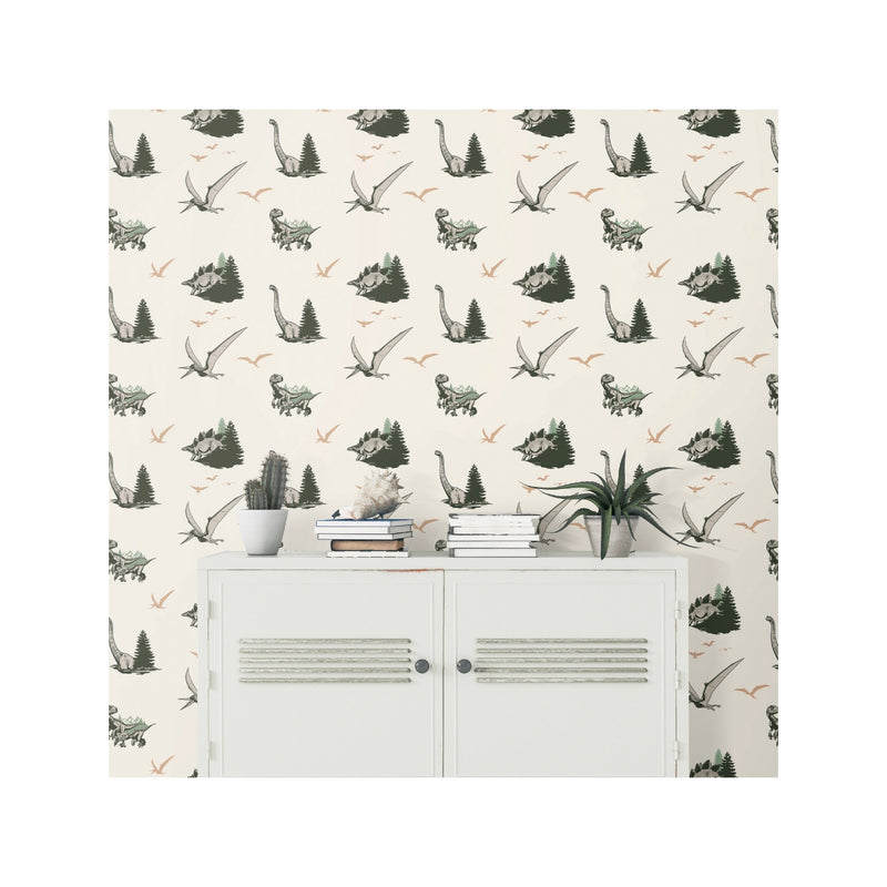 media image for JW Dominion Vintage Dinosaurs Peel & Stick Wallpaper in Green by RoomMates 259
