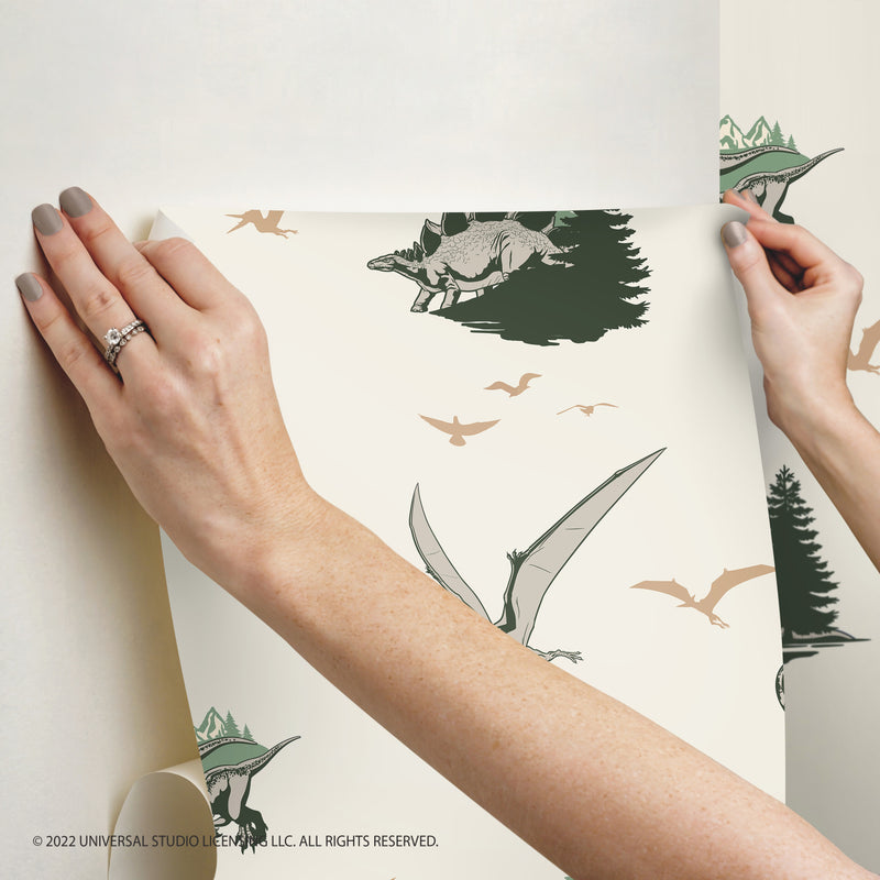 media image for JW Dominion Vintage Dinosaurs Peel & Stick Wallpaper in Green by RoomMates 236