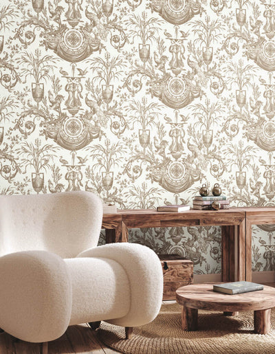 product image for Avian Fountain Toile Wallpaper in Mink 83