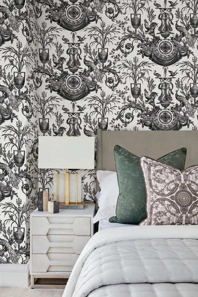 product image for Avian Fountain Toile Wallpaper in Black 26