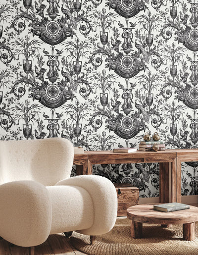 product image for Avian Fountain Toile Wallpaper in Black 2