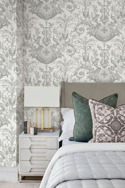 product image for Avian Fountain Toile Wallpaper in Grey 58