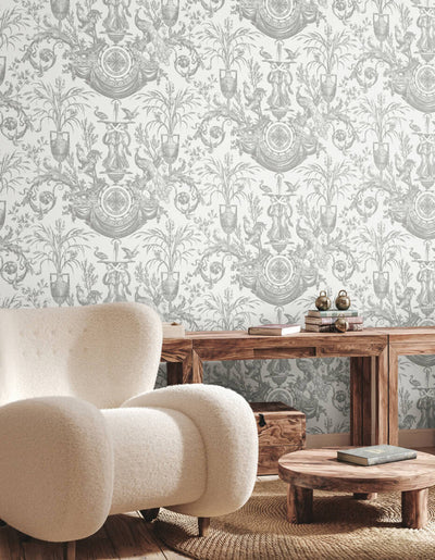 product image for Avian Fountain Toile Wallpaper in Grey 56