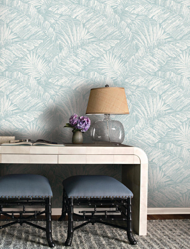 media image for Palm Cove Toile Wallpaper in White & Blue 230