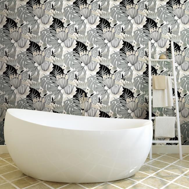 media image for Retro Tropical Leaves Peel & Stick Wallpaper in Neutral by RoomMates for York Wallcoverings 290
