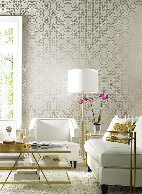 media image for Serendipity Geo Overlay Wallpaper in Grey and Pale Metallic Gold by York Wallcoverings 227
