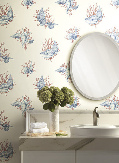 product image for Shell Toile Wallpaper in Blue and Orange by Ashford House for York Wallcoverings 20