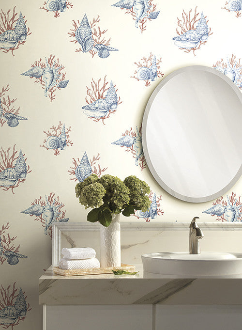 media image for Shell Toile Wallpaper in Blue and Orange by Ashford House for York Wallcoverings 295