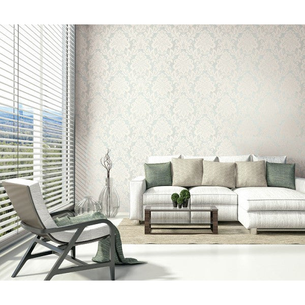 Shop Shimmer Damask Wallpaper in Soft Blue and Ivory Burke Decor