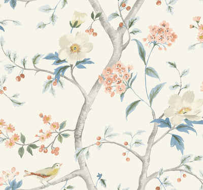 product image of Southport Floral Trail Wallpaper in Eggshell, Melon, and Carolina Blue from the Luxe Retreat Collection by Seabrook Wallcoverings 556
