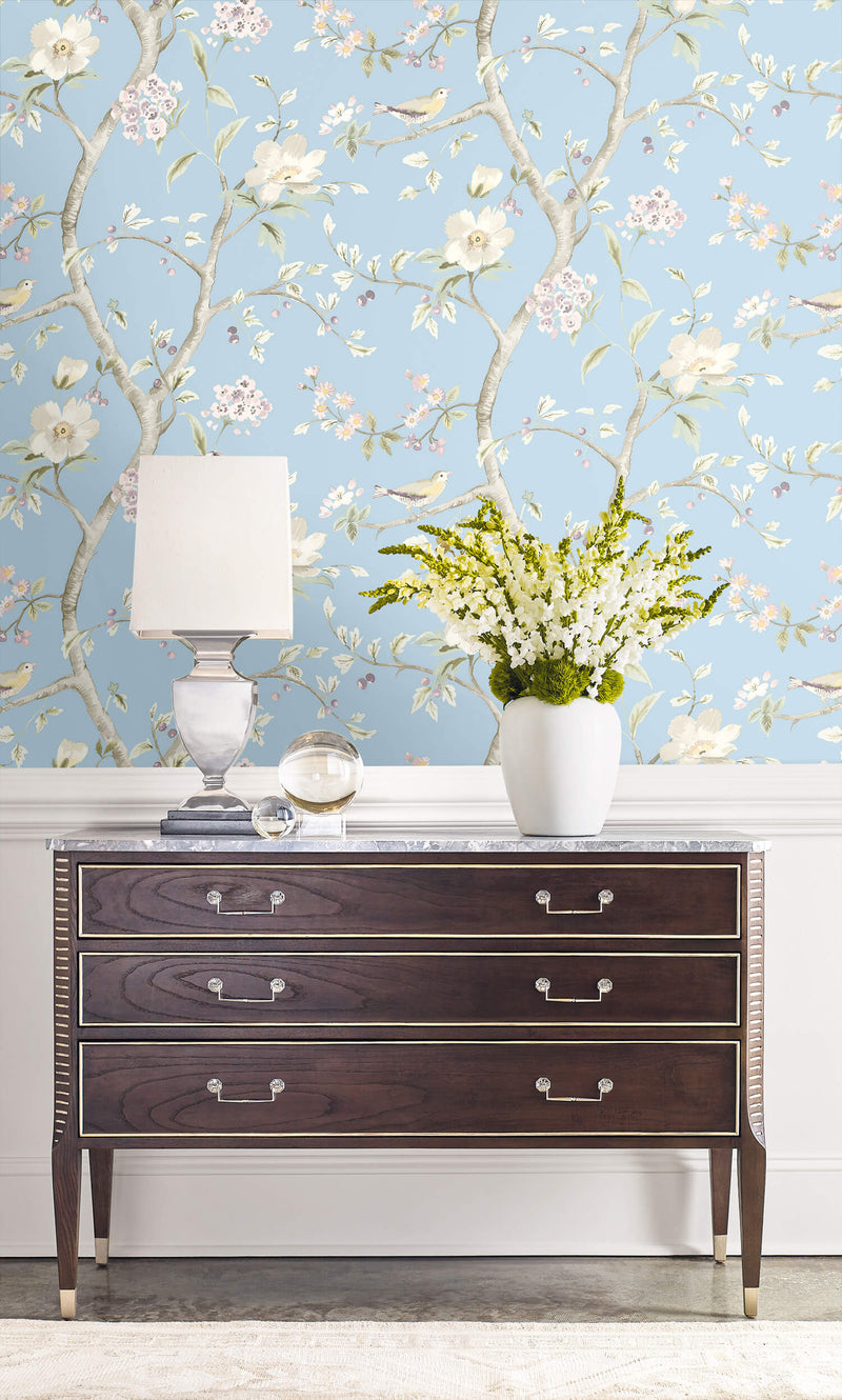 media image for Southport Floral Trail Wallpaper in Sky Blue and Arrowroot from the Luxe Retreat Collection by Seabrook Wallcoverings 262