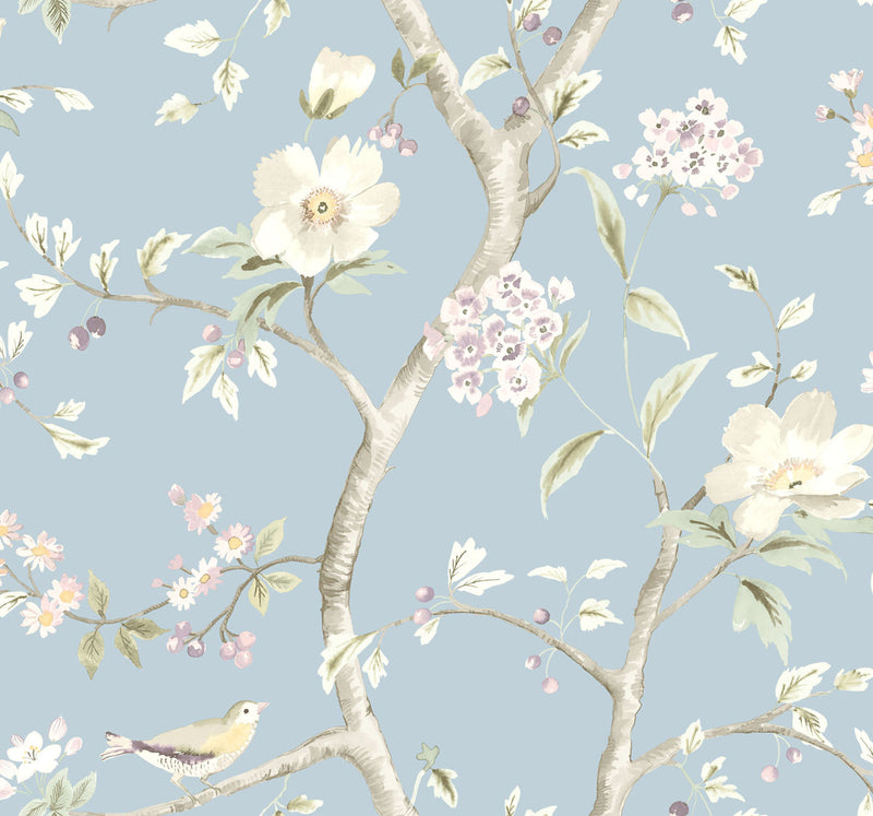media image for Southport Floral Trail Wallpaper in Sky Blue and Arrowroot from the Luxe Retreat Collection by Seabrook Wallcoverings 214