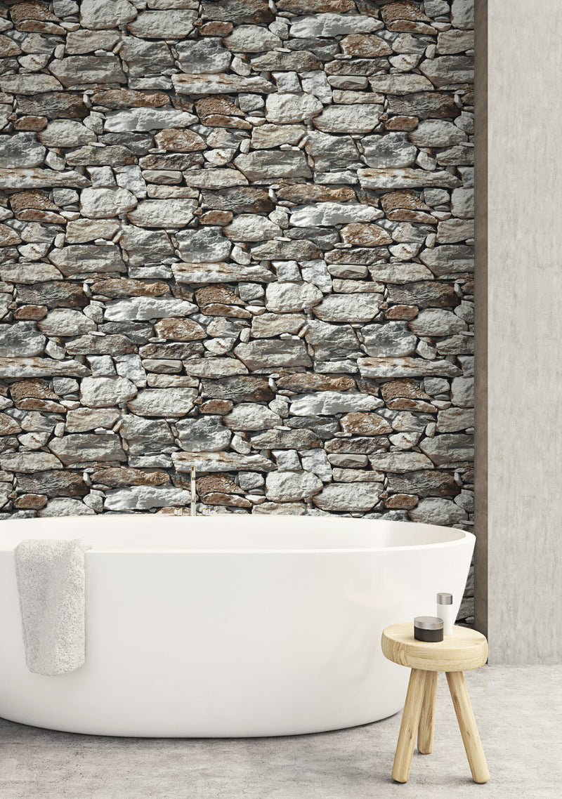 media image for Stone Wall Peel-and-Stick Wallpaper in Grey by NextWall 230